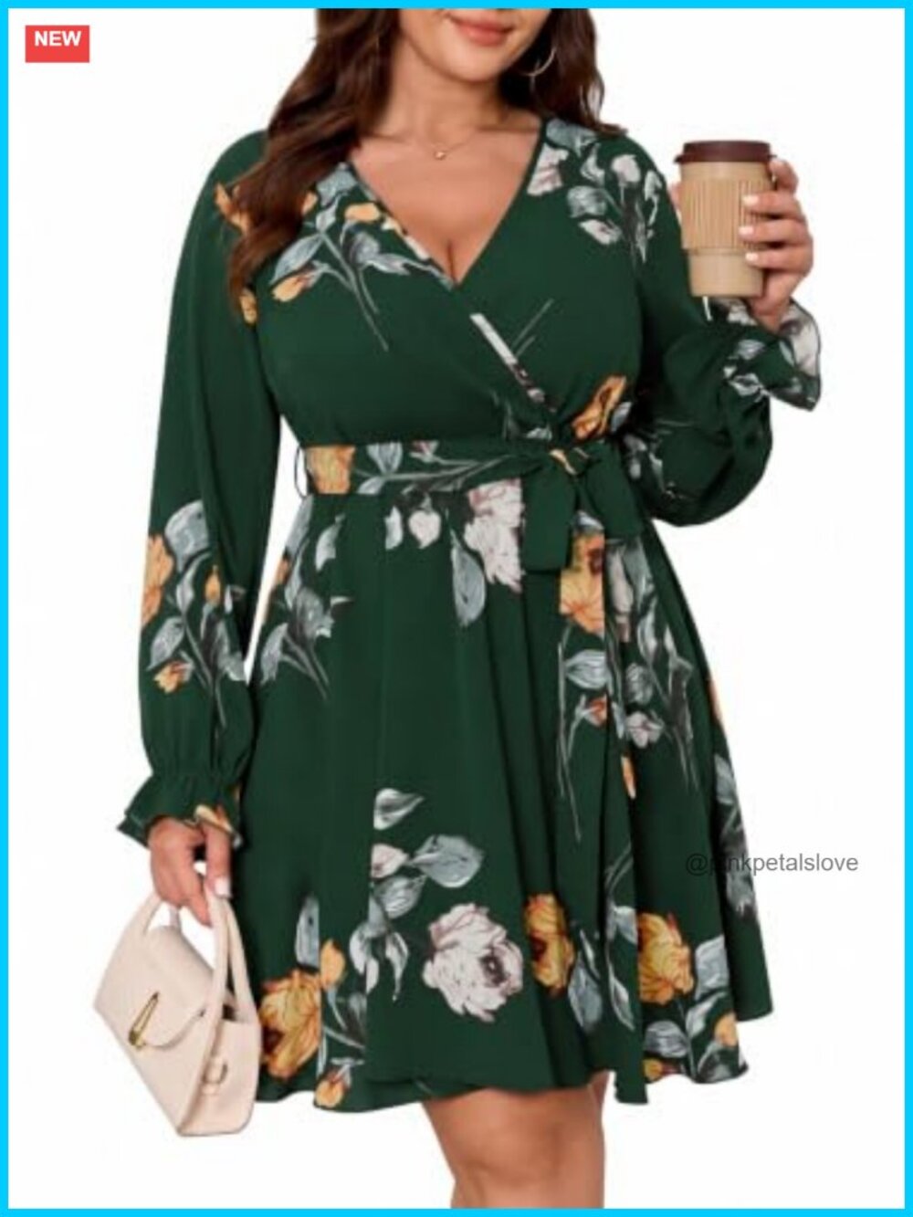 Plus Size Long Sleeve Faux Wrap Mini Dress Bell Sleeve Wedding Guest